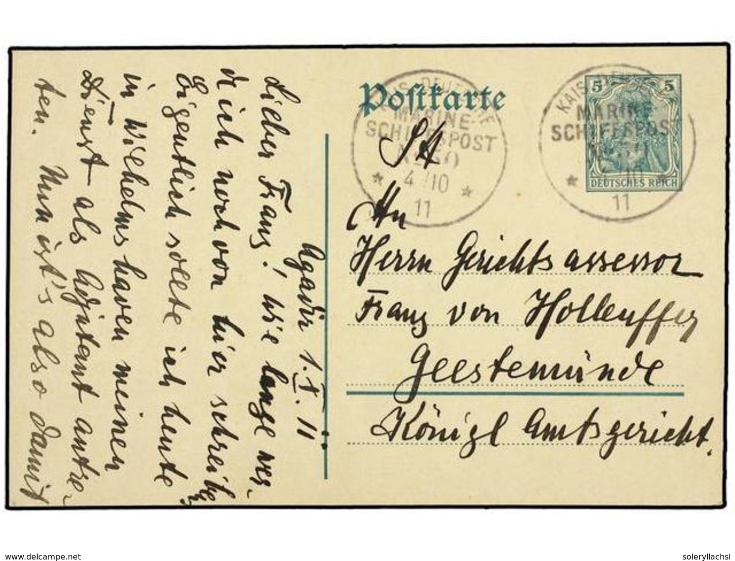 2577 ESPAÑA. 1911. AGADIR To GERMANY. German Green Postal Stationery Card With <B>KAIS DEUTCHSTE/ MARINE/ SCHIFFSPOST </ - Other & Unclassified