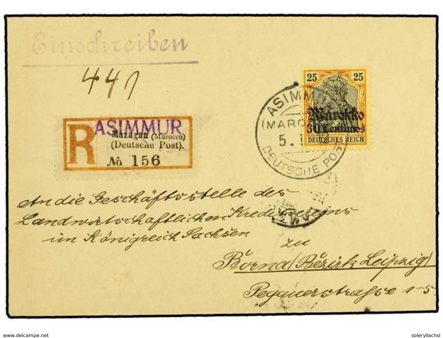 2578 MARRUECOS. 1912 (Jan 5). <B>ASIMMUR. </B>Registered Cover To LEIPZIG Franked By Single Gothic <B>30cs. On 25pf.</B> - Other & Unclassified