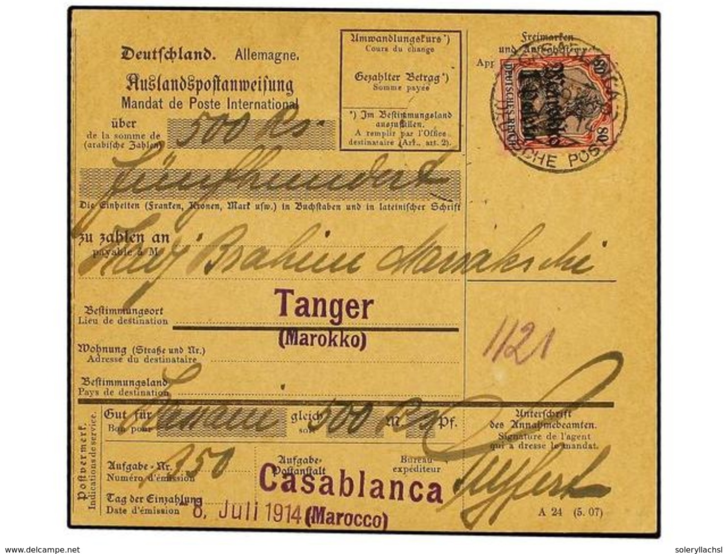 2579 MARRUECOS ALEMAN. 1914 (July 8). <B>CASABLANCA.</B> Money Order Form Used To TANGIER Franked By Gothic April 1911 < - Sonstige & Ohne Zuordnung