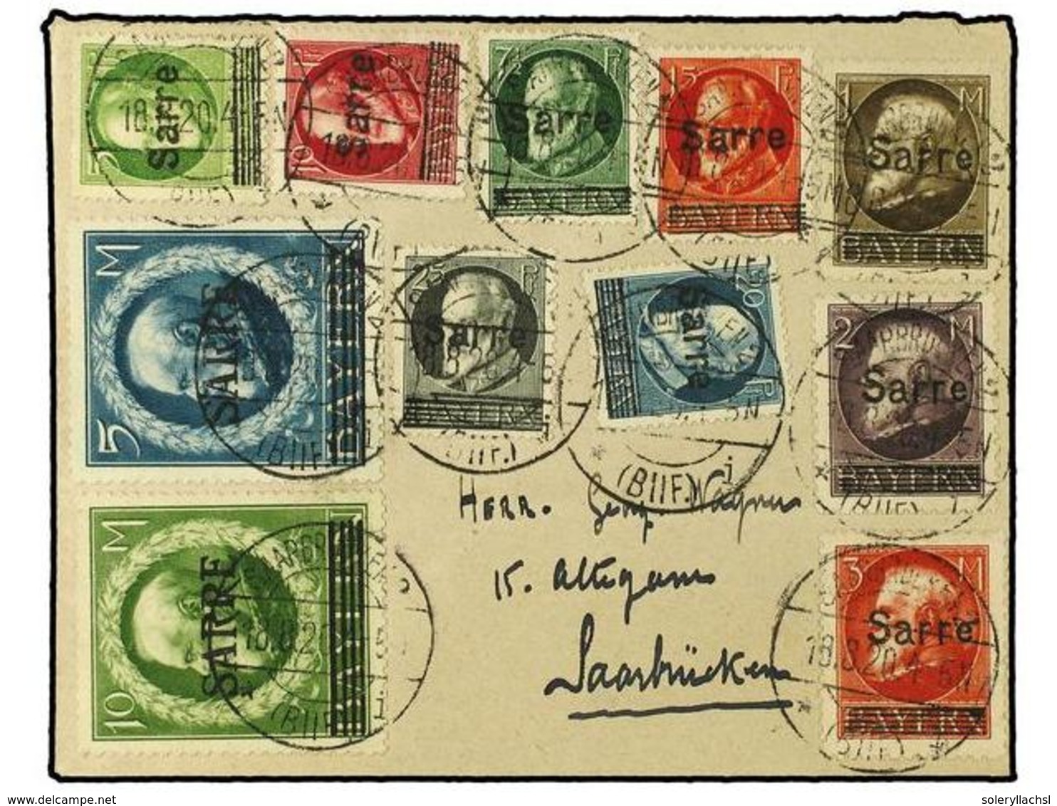 2586 SARRE. 1920 (Aug 18). Locally Used Cover With March 1, 1920 Overprinted <B>5pf</B>., <B>7½pf</B>.,  <B>10pf., 15pf. - Sonstige & Ohne Zuordnung