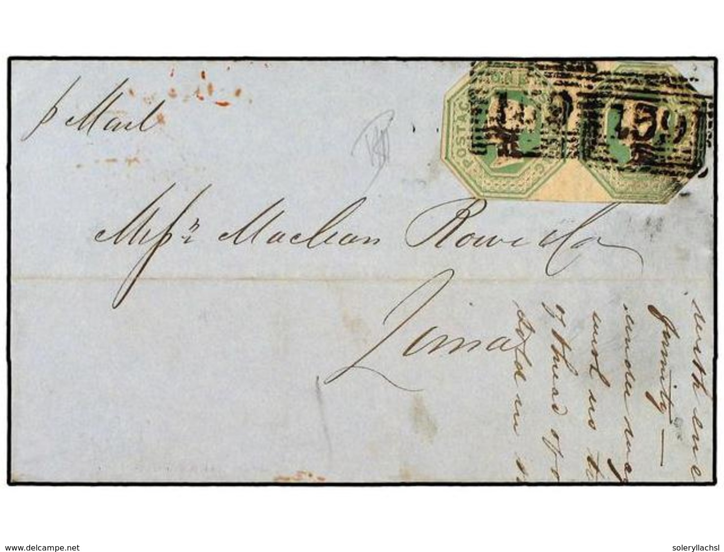 2601 GRAN BRETAÑA. 1848(June 16th). Cover To Lima, PERU Bearing Cut Round Pair Of 1847 Embossed <B>1s</B> Green Tied By  - Sonstige & Ohne Zuordnung