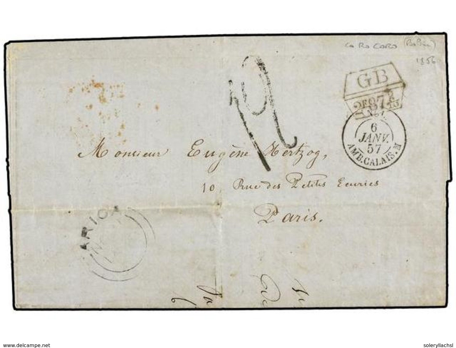 2606 BOLIVIA. 1856 (15 Nov.). COROCORO (Bolivia) A PARÍS. Carta Encaminada Hasta ARICA. Al Dorso Manuscrito <B>'Acheminé - Sonstige & Ohne Zuordnung