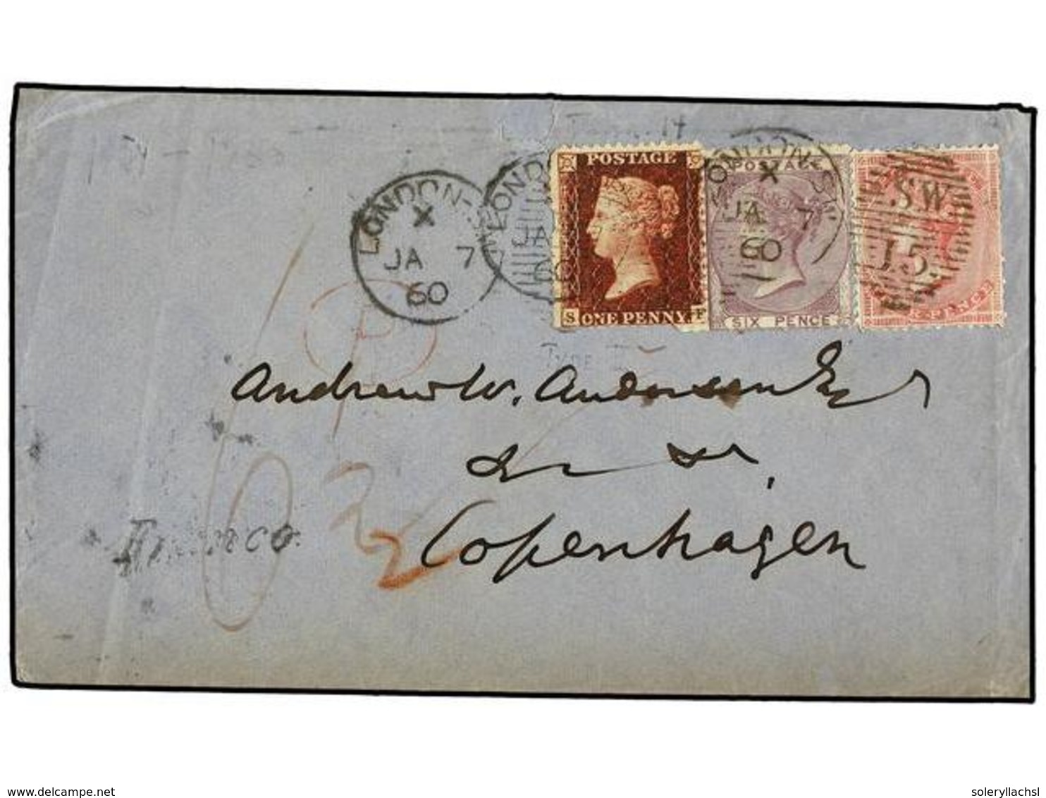 2615 GRAN BRETAÑA. 1860(Jan 7th). Cover To Copenhagen, DENMARK With 10½d Rate Paid By <B>1d</B> Red Star, 1857 <B>4d</B> - Other & Unclassified