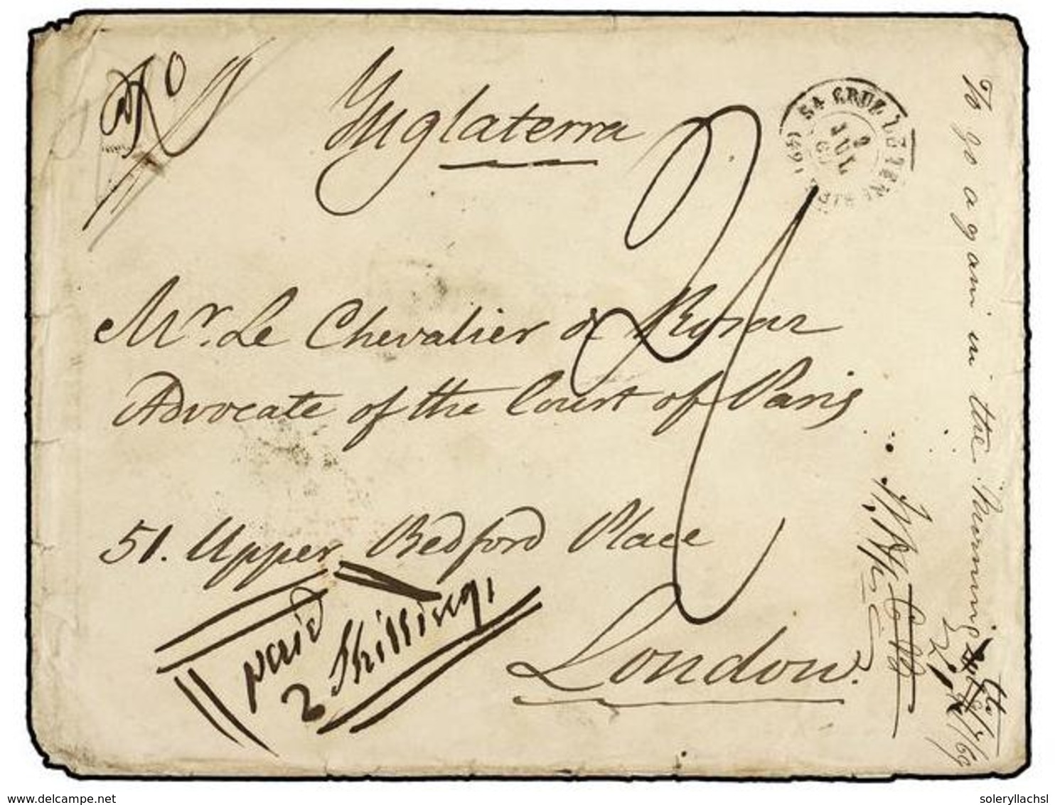 2628 GRAN BRETAÑA. 1869. SANTA CRUZ DE TENERIFE (Canary Islands) To LONDON. Unpaid Cover Charged In Arrival With Unusual - Sonstige & Ohne Zuordnung