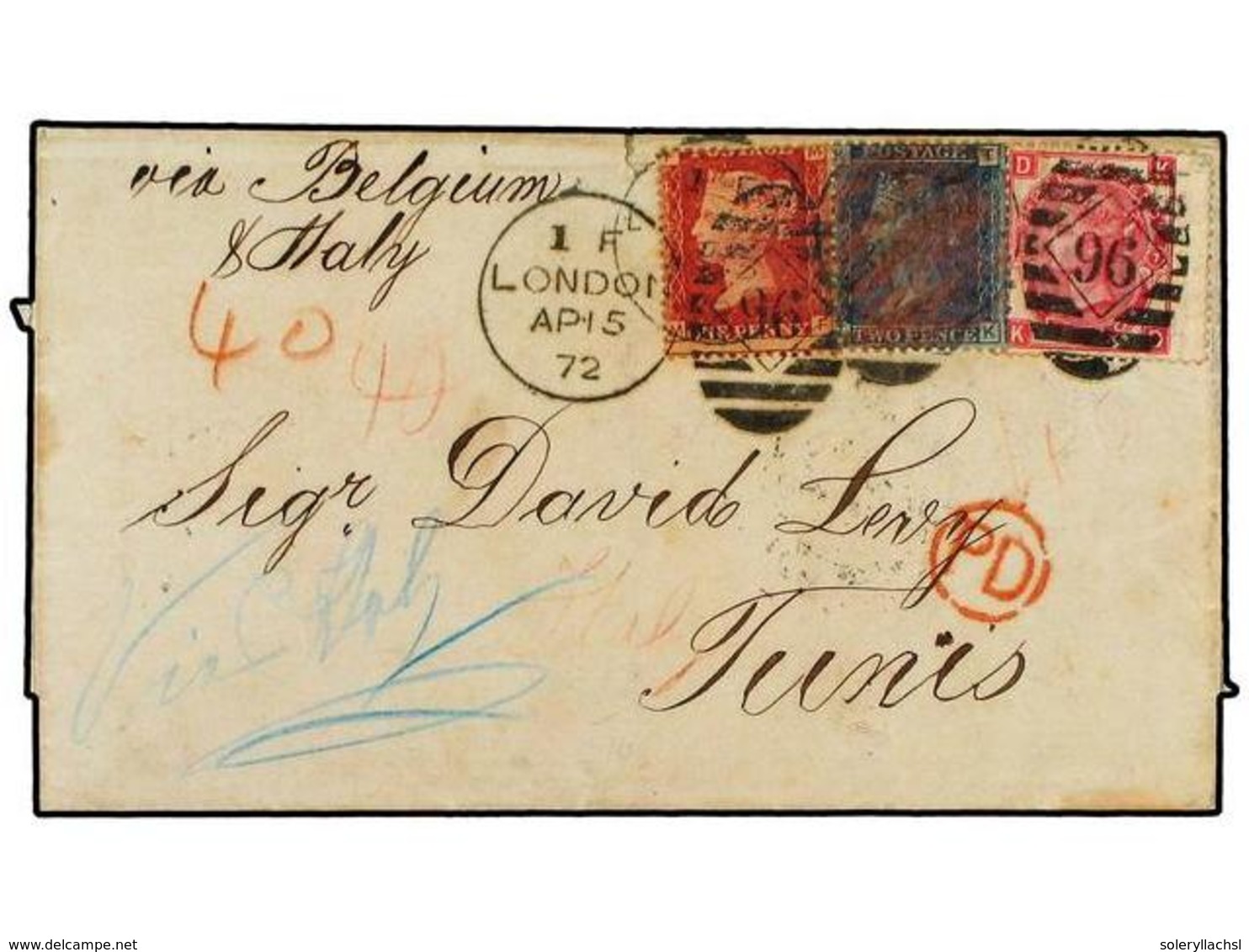 2631 GRAN BRETAÑA. 1872 (April 15th). Cover Endorsed 'Via Belgium & Italy' To Tunis, TUNISIA Franked At 6d Rate With <B> - Sonstige & Ohne Zuordnung