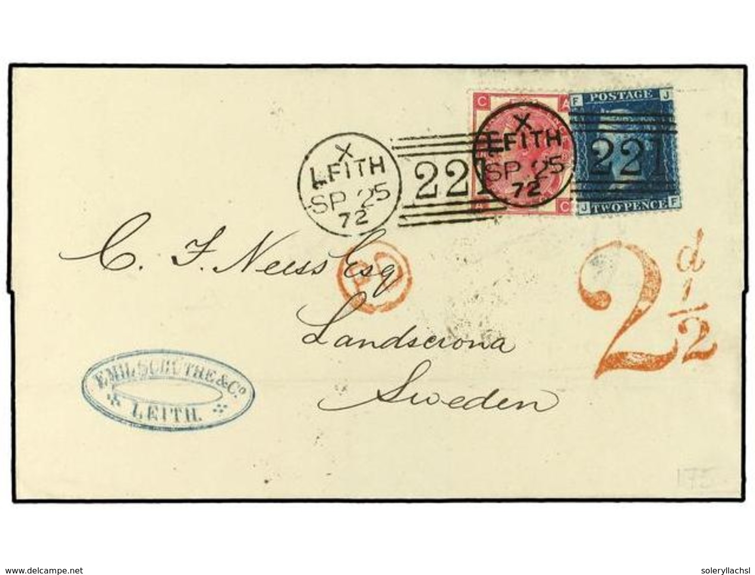 2632 GRAN BRETAÑA. 1872. Wrapper To Landscrona, Sweden, Franked <B>2d</B>. Blue, Plate 13, + <B>3d</B>. Plate 8, Tied By - Sonstige & Ohne Zuordnung