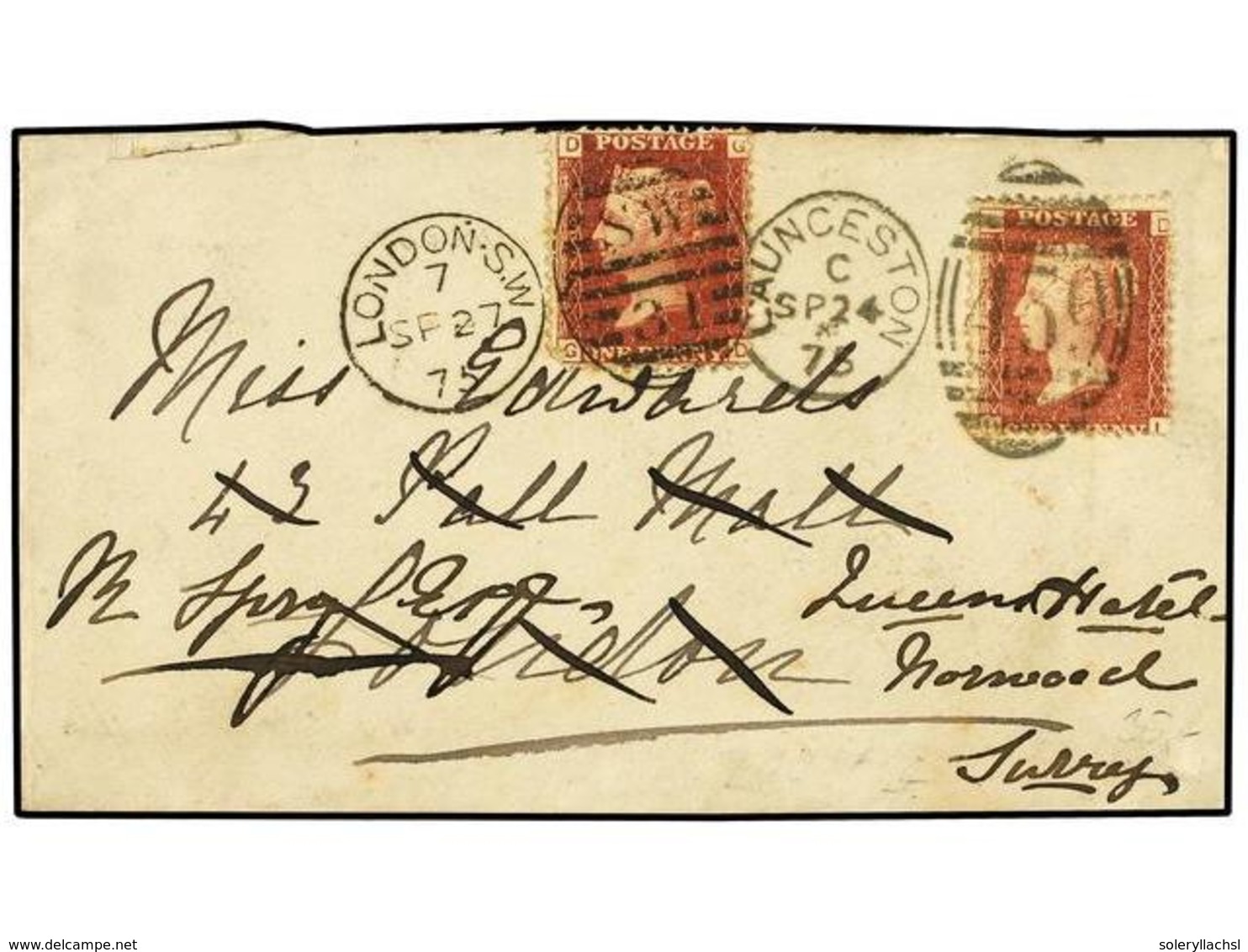 2638 GRAN BRETAÑA. 1875. LAUNCESTON To LONDON. <B>1 D.</B> Red Redirected To SURREY With <B>1 D.</B> Red Stamp. - Sonstige & Ohne Zuordnung