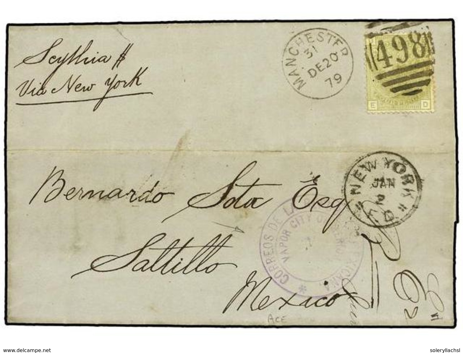 2640 GRAN BRETAÑA. 1879 (Dec 20). Entire Letter From MANCHESTER To SALTILLO (Mexico) Endorsed Per 'Scythia Via New York' - Otros & Sin Clasificación