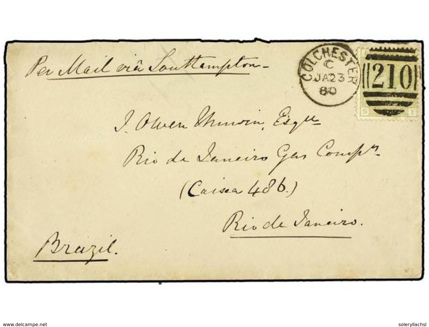 2642 GRAN BRETAÑA. 1880. Envelope To BRAZIL Bearing SG 153, <B>4d</B> Sage Green Tied By <B>COLCHESTER</B> Duplex Routed - Sonstige & Ohne Zuordnung