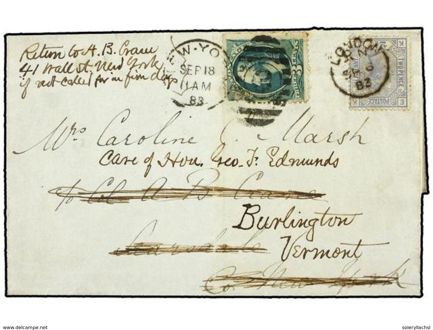 2643 GRAN BRETAÑA. 1883. LONDON To NEW YORK. <B>2 1/2 D.</B> Blue Redirected To VERMONT With U.S.A. <B>3 Cents</B> Green - Other & Unclassified