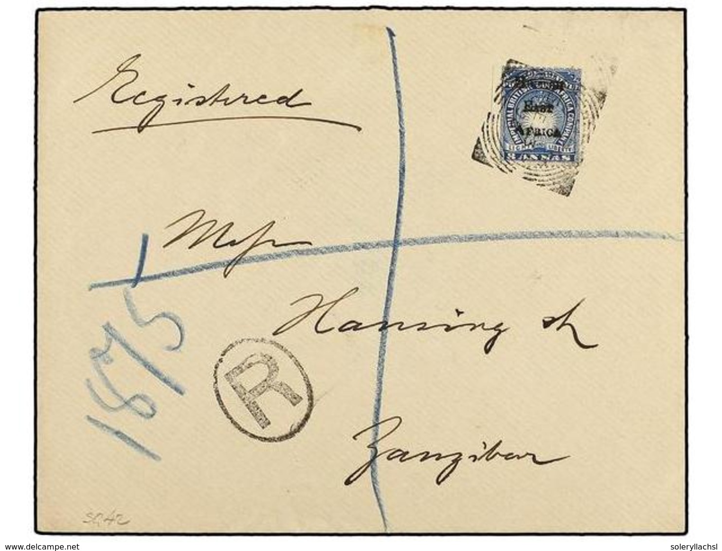 2657 AFRICA ORIENTAL BRITANICA. 1895. Registered Cover Bearing 1895 <B>8 A.</B> Blue Locally Handstamped, SG 42, Tied By - Sonstige & Ohne Zuordnung
