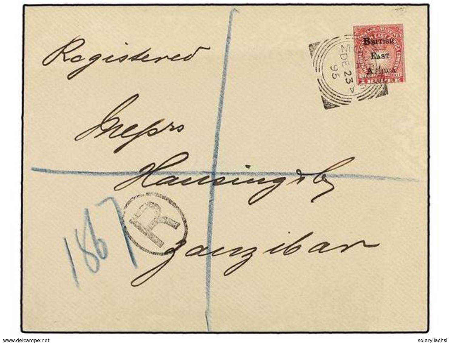 2658 AFRICA ORIENTAL BRITANICA. 1895. Registered Cover Used To ZANZIBAR Bearing <B>1 Rupee</B> Carmine (SG 43) Cancelled - Sonstige & Ohne Zuordnung