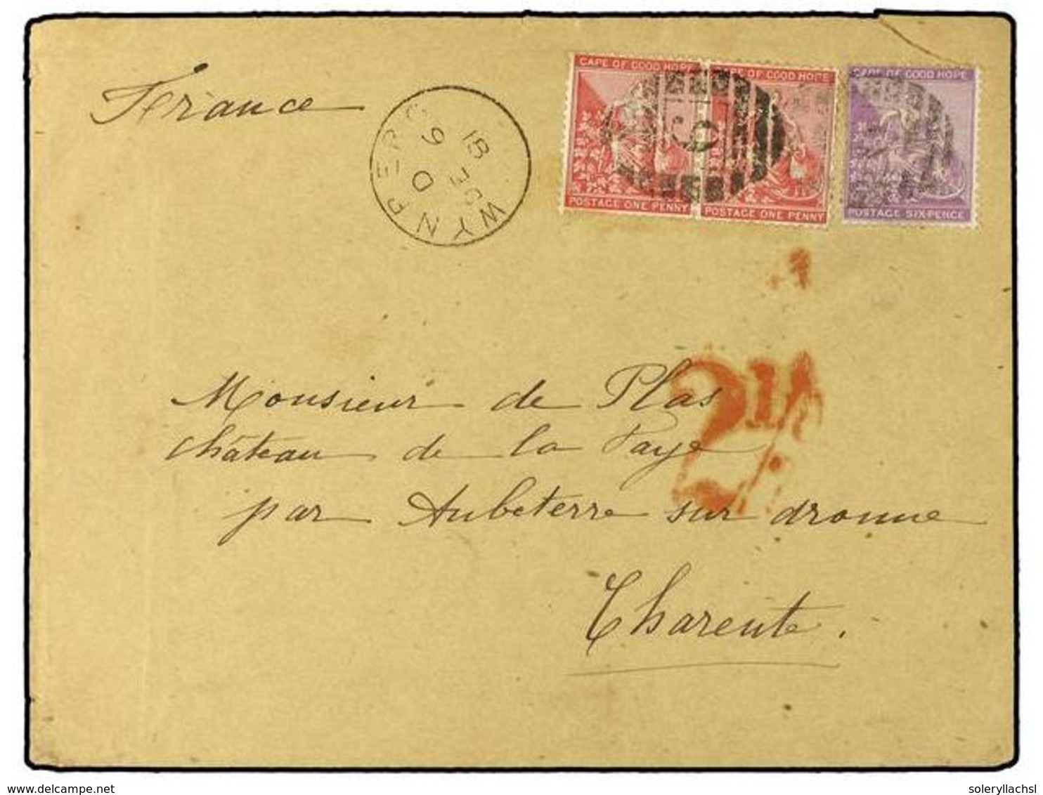 2662 CABO DE BUENA ESPERANZA. 1881. Cover To FRANCE With 1872 <B>1 D.</B> Rose Red Pair And 1864 <B>6 D.</B> Bright Viol - Sonstige & Ohne Zuordnung