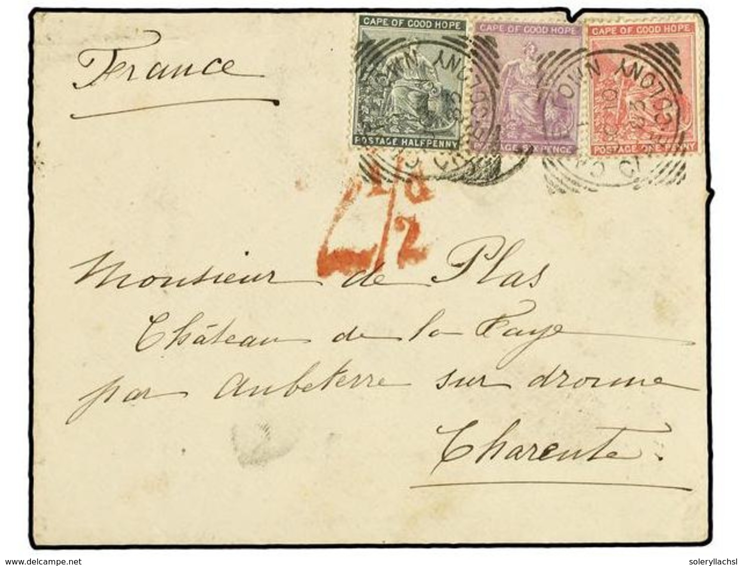 2664 CABO DE BUENA ESPERANZA. 1883 (Oct 10). Cover To CHARENTE (France) Franked By Hope 1882-84 <B>½d.</B> Grey-black, < - Other & Unclassified