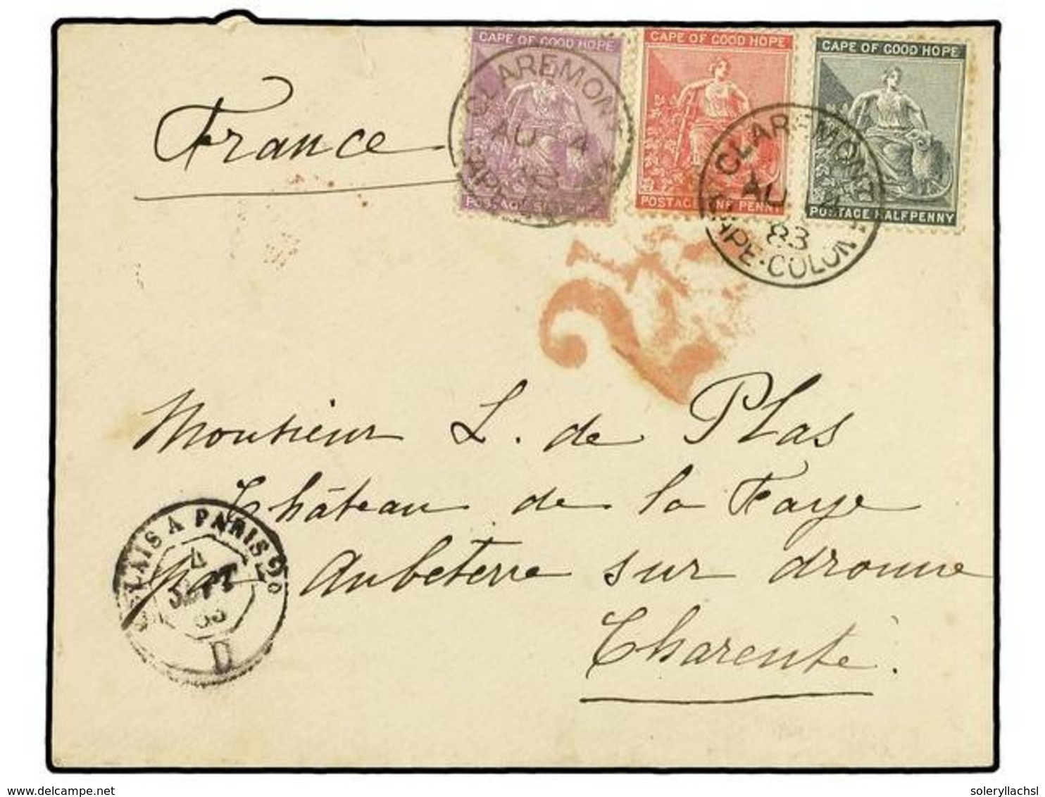 2665 CABO DE BUENA ESPERANZA. 1883 (Aug 14). Cover To CHARENTE (France) Franked By Hope 1882-84 <B>½d.</B> Grey, <B>1d.< - Other & Unclassified