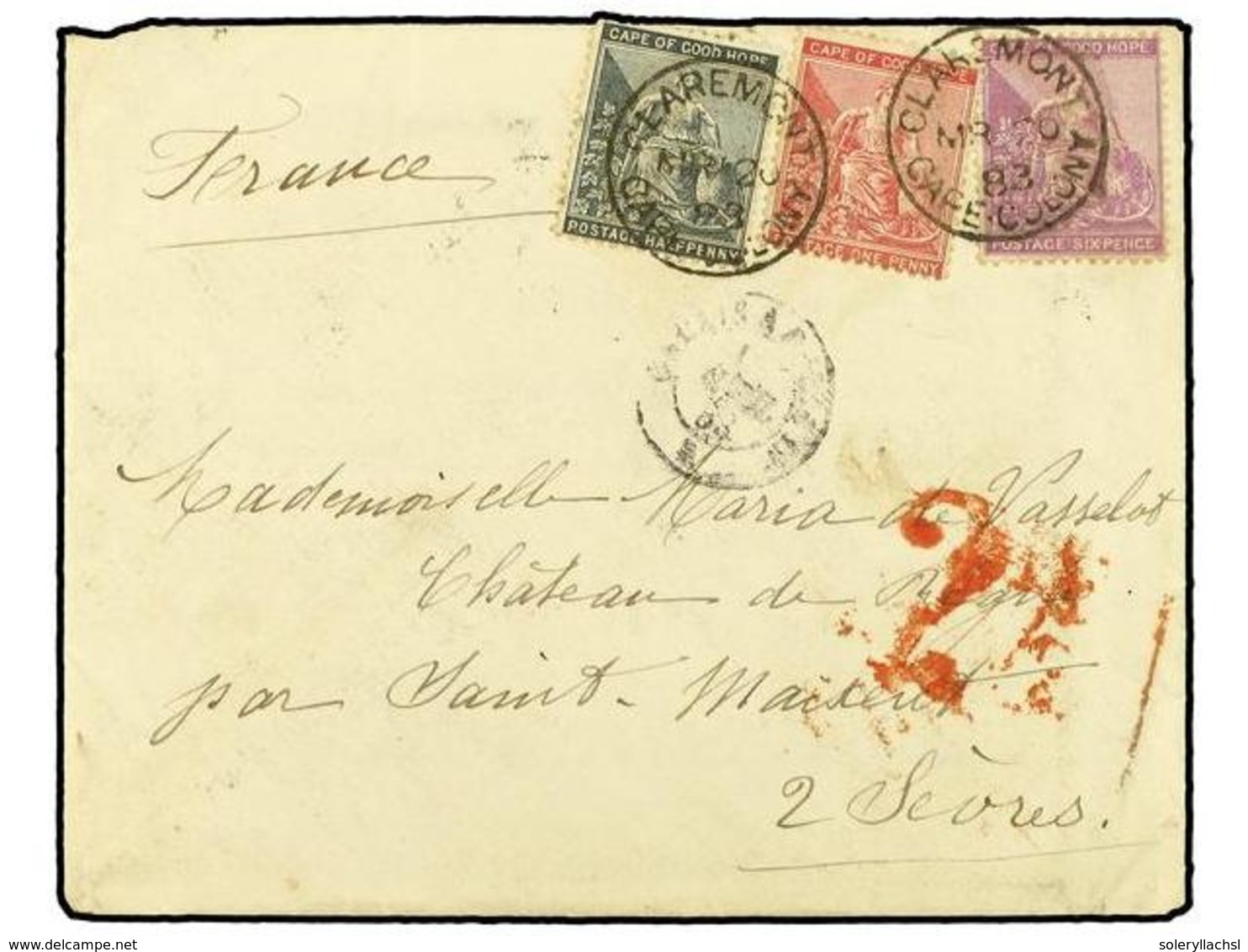2666 CABO DE BUENA ESPERANZA. 1883. Cover And Contents To FRANCE Franked By 1882 <B>1/2 D.</B> Grey Black, <B>1 D.</B> R - Sonstige & Ohne Zuordnung