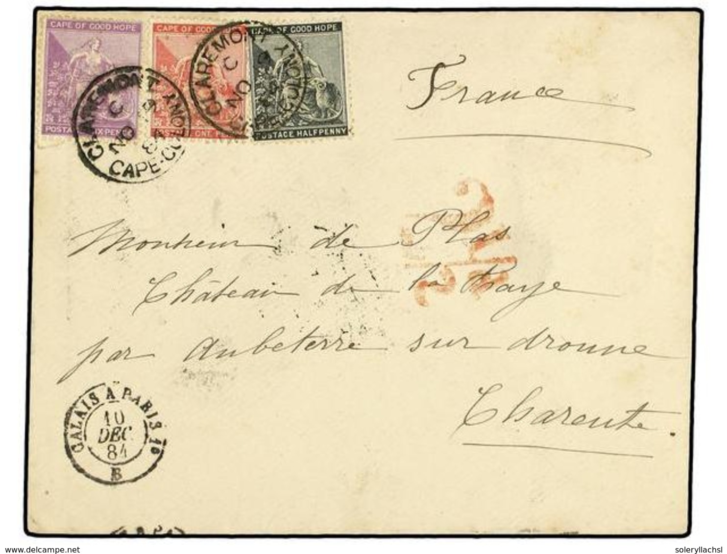 2667 CABO DE BUENA ESPERANZA. 1884 (Nov 19). Cover To CHARENTE (France) Franked By Hope 1882-86 <B>½d.</B> Grey, <B>1d.< - Other & Unclassified