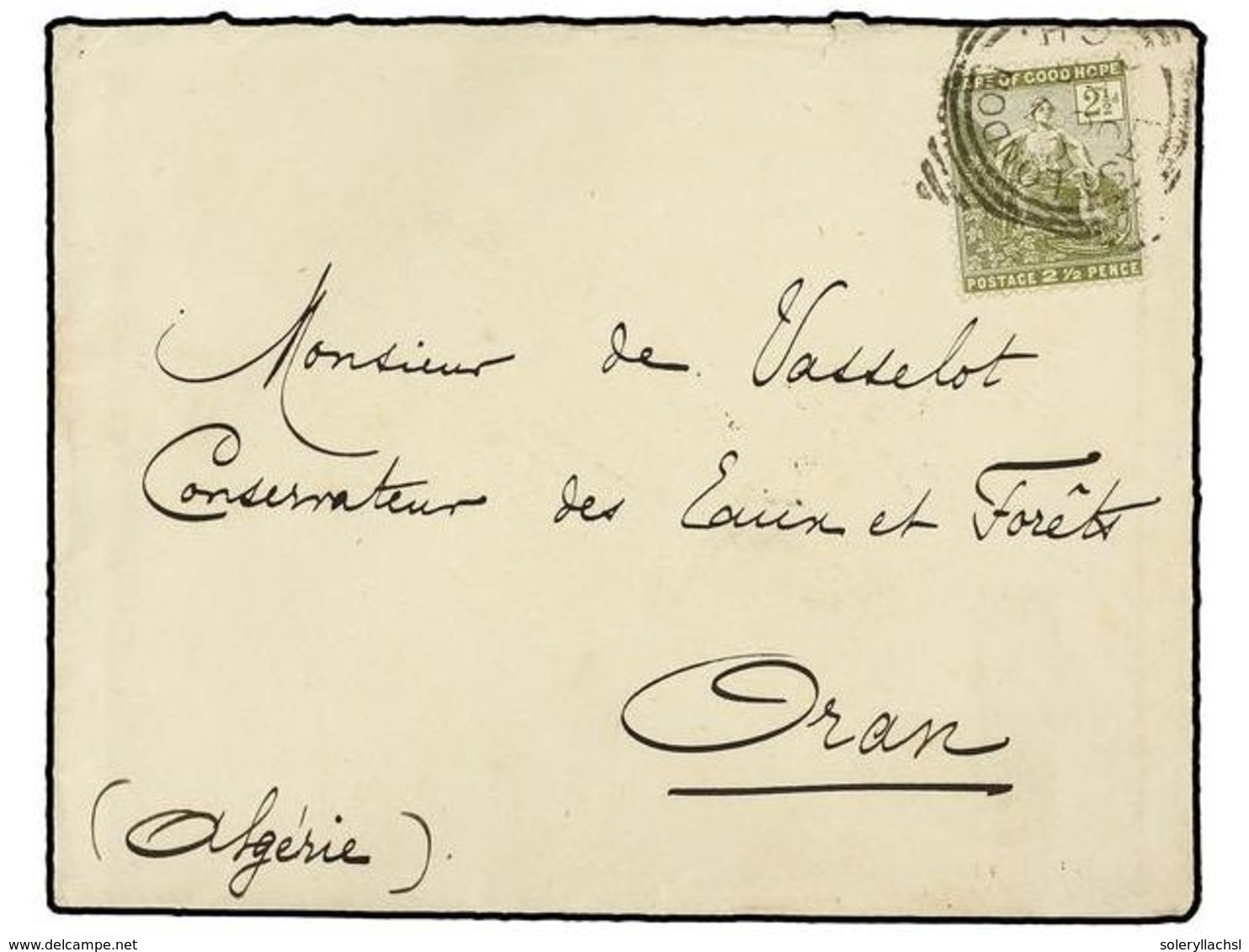 2670 CABO DE BUENA ESPERANZA. 1895. Cover To ALGERIA Bearing Single 1892 <B>2 1/2 D.</B> Olive Green Tied By <B>EAST LON - Other & Unclassified