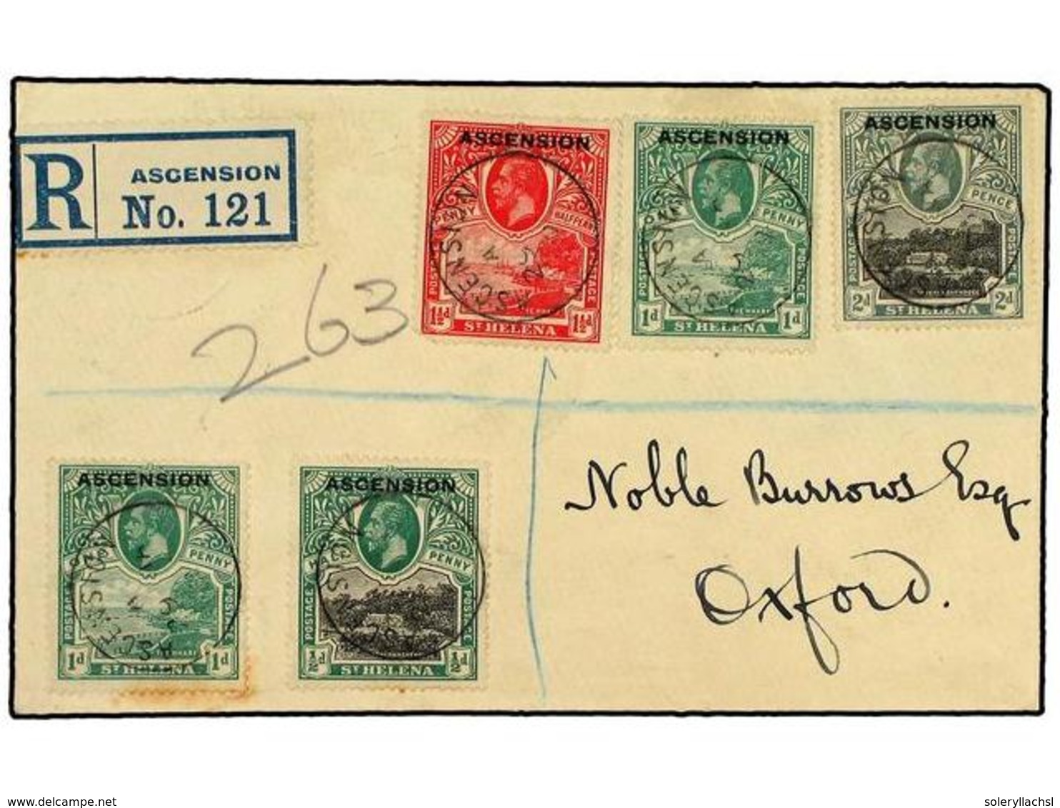 2677 ASCENSION. 1923. Registered Cover To OXFORD Bearing 1922 <B>1/2 D., 2x 1 D., 1 1/2 D.</B> And <B>2 D.</B> (SG 1-4)  - Other & Unclassified