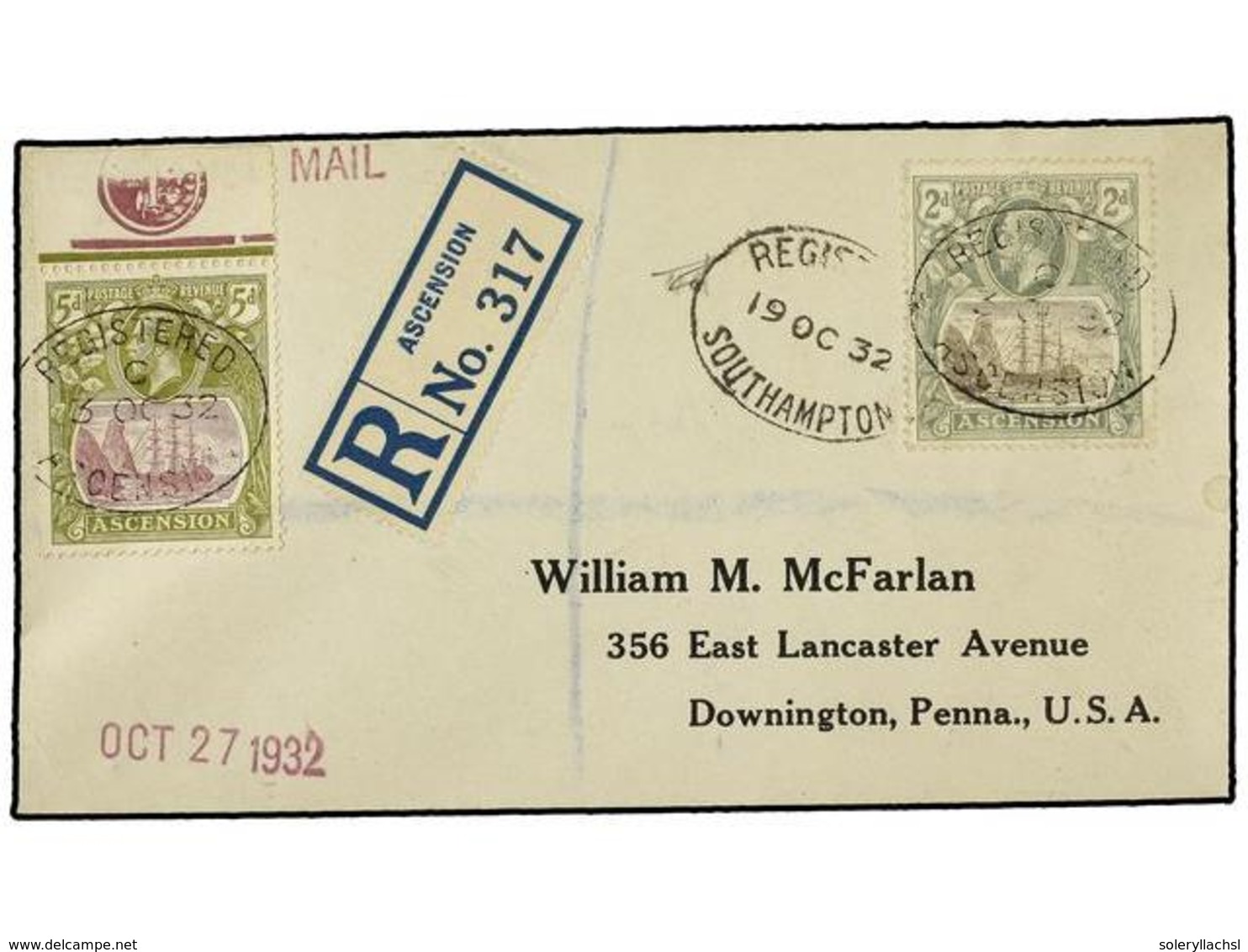 2678 ASCENSION. 1932. Registered Cover To The USA Franked By 1924 <B>2 D.</B> Grey Black And Grey, And Marginal 1927 <B> - Sonstige & Ohne Zuordnung