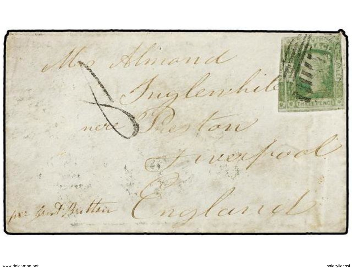 2680 AUSTRALIA. Sg.6g. 1853. PRESTON (New South Wellew) To ENGLAND. <B>3 P.</B> Green, Taxed<B> '8'. </B>On Back <B>LIBE - Sonstige & Ohne Zuordnung