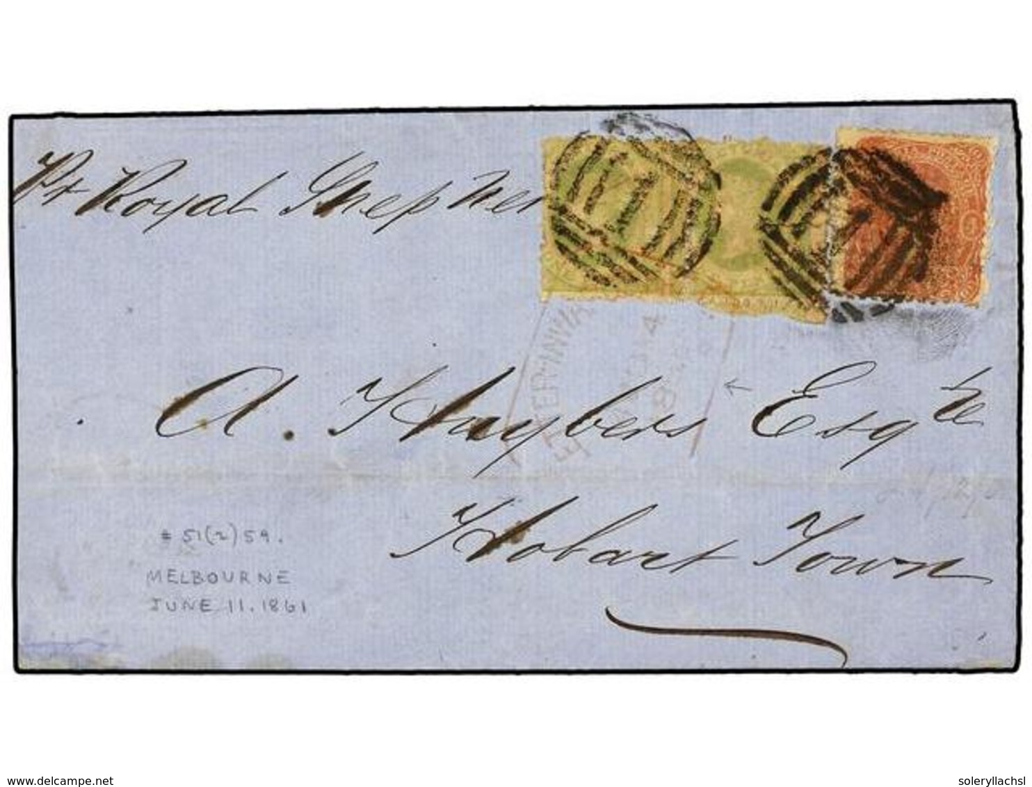 2681 AUSTRALIA. 1861 (June 11). <B>VICTORIA.</B> Cover Endorsed 'per Royal Shepherd' To HOBART TOWN (Tasmania) Franked B - Sonstige & Ohne Zuordnung