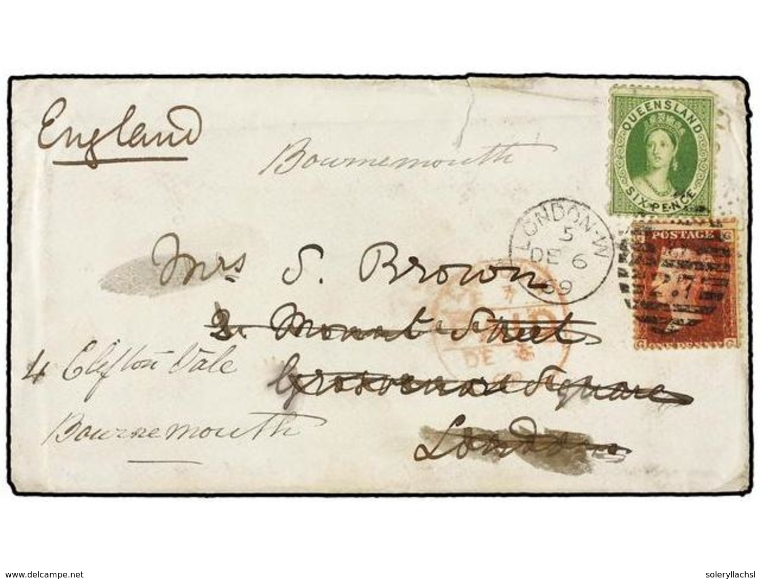 2685 AUSTRALIA. 1868. BRISBANE To LONDON. <B>6 P. </B>green Redirected To BOURNEMOUTH With British <B>1 D.</B> Red Stamp - Other & Unclassified