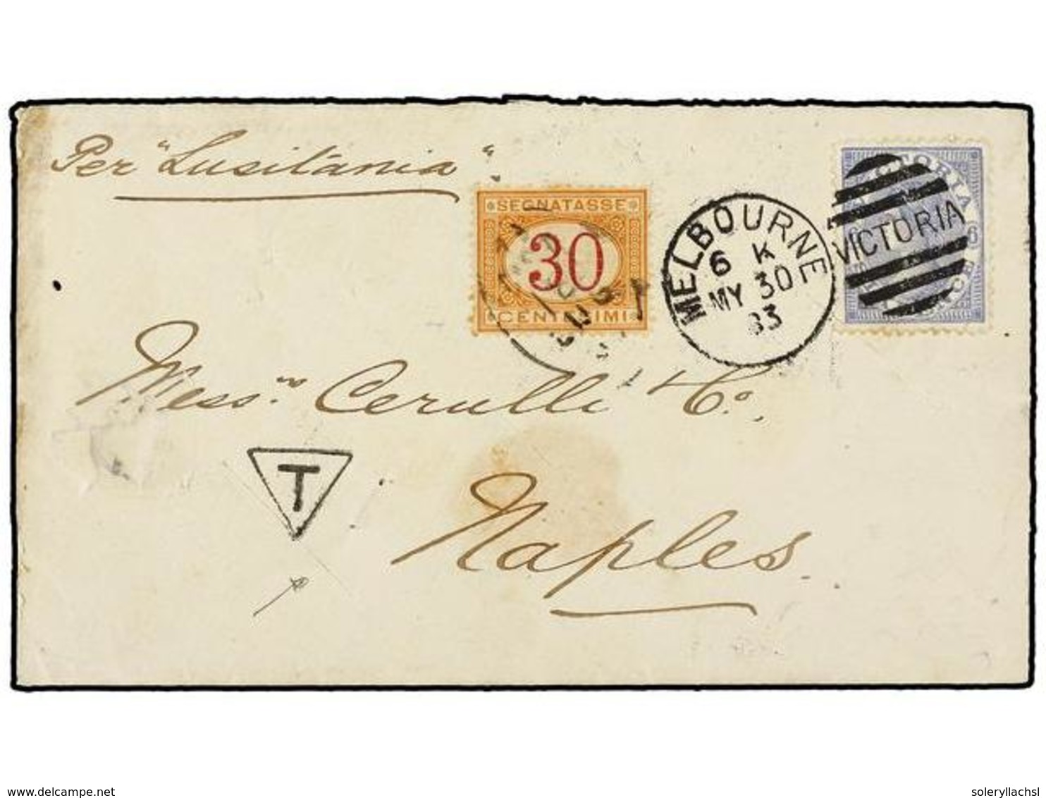 2692 AUSTRALIA. Sc.116. 1883 (May 30). Cover To ITALY Endorsed 'per Lusitania' Franked By 1867-78 <B>6d.</B> Blue Tied B - Sonstige & Ohne Zuordnung