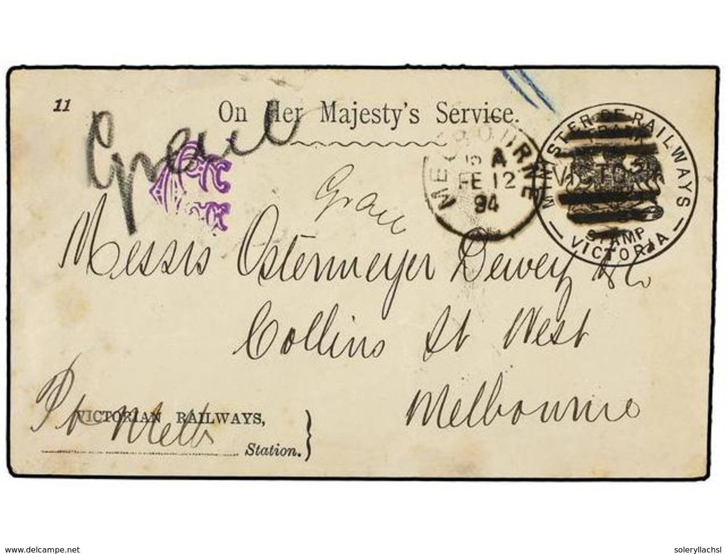 2700 AUSTRALIA. 1894. MELBOURNE. Oficial Envelope <B>O.H.M.S. MINISTER OF RALLWAYS STAMP/ VICTORIA.</B> - Sonstige & Ohne Zuordnung