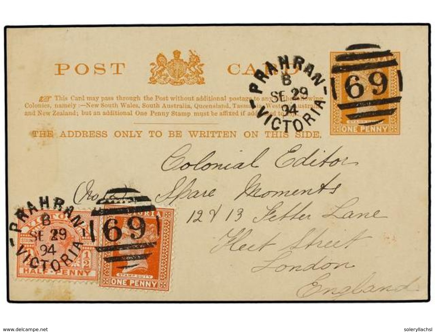 2701 AUSTRALIA. 1894. PRAHAN (Victoria) To LONDON. <B>1 P. </B>postal Stationary Card Uprated By <B>1/2 P. </B>and<B> 1  - Other & Unclassified