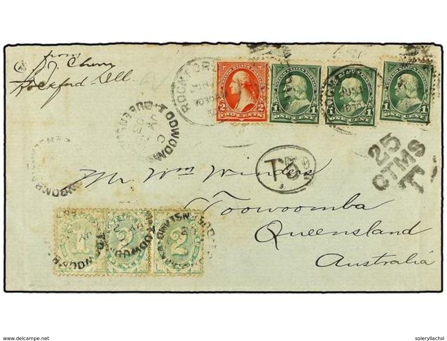 2710 AUSTRALIA. 1903. U.S.A. To QUEENSLAND (Australia). <B>1 Cent </B>green (3) And <B>2 Cents </B>red, Taxed On Arrival - Sonstige & Ohne Zuordnung