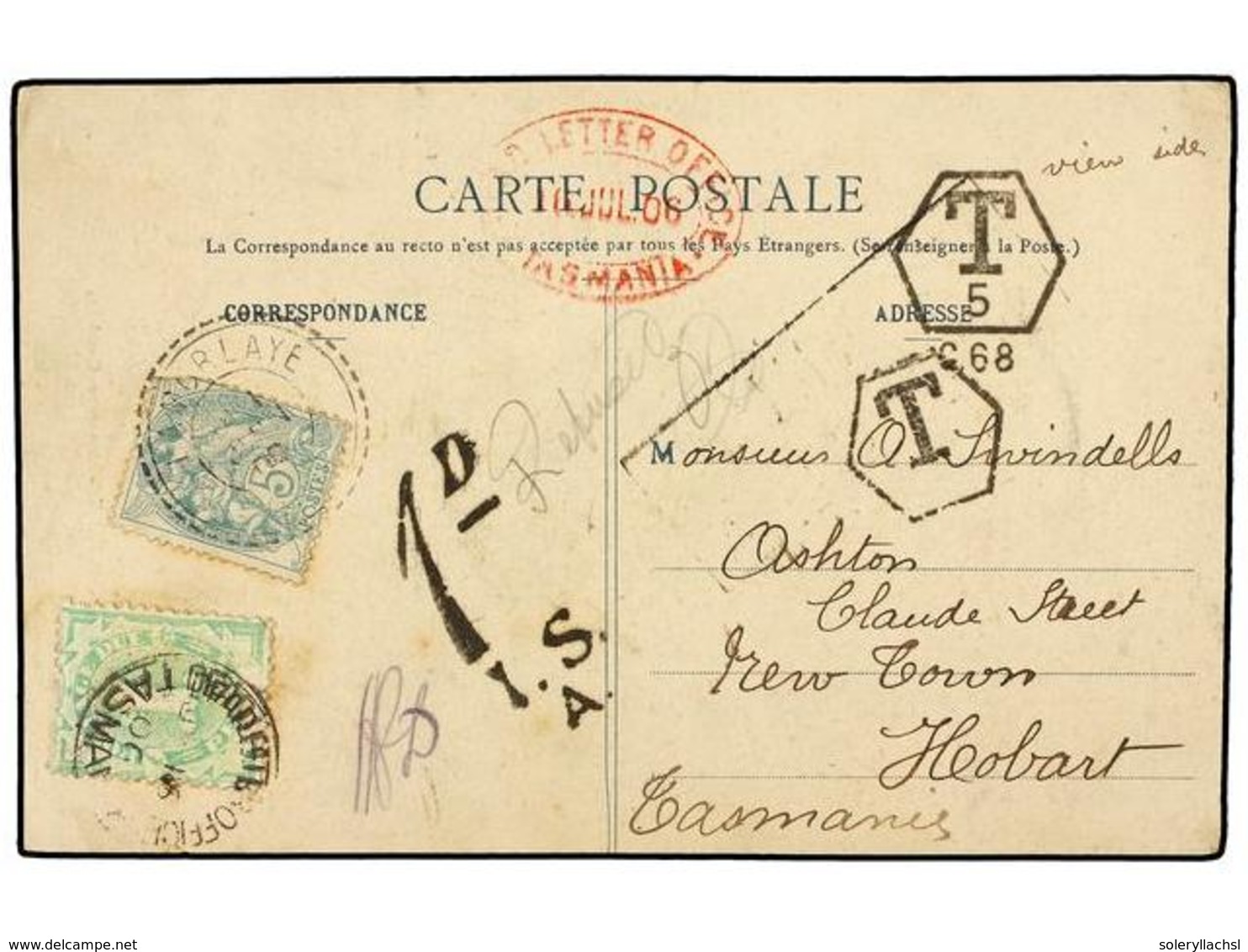 2711 AUSTRALIA. 1906. MORLAYE (France) To HOBART (Tasmania). Postcard Franked With French <B>5 Cts. </B>green Stamp. Tax - Sonstige & Ohne Zuordnung