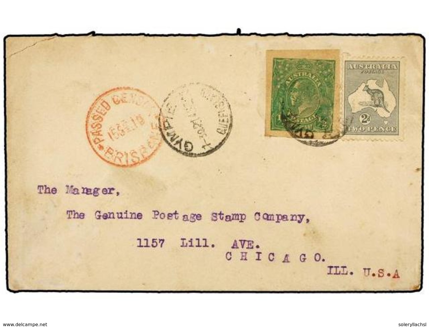 2714 AUSTRALIA. 1915. GYMPIE To USA. <B>2 D. </B>grey And <B>1/2 D. </B>green (cut From A Postal Stationary). - Other & Unclassified