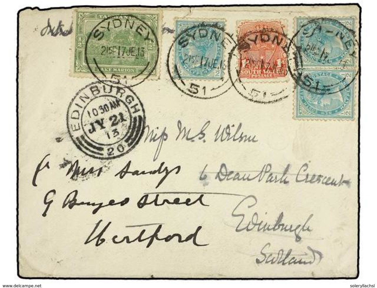 2715 AUSTRALIA. 1921. SYDNEY To EDINBURGH And Redirected To HERTFORD. Franked By Tasmania <B>1/2 D.</B> Green And New So - Sonstige & Ohne Zuordnung