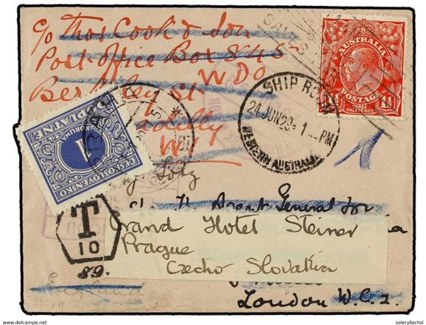 2716 AUSTRALIA. 1929. SHIP ROOM To LONDON. <B>1 1/2 D. </B>redirected To PRAGUE (Czechoslovakia). Taxed On Arrival With  - Sonstige & Ohne Zuordnung