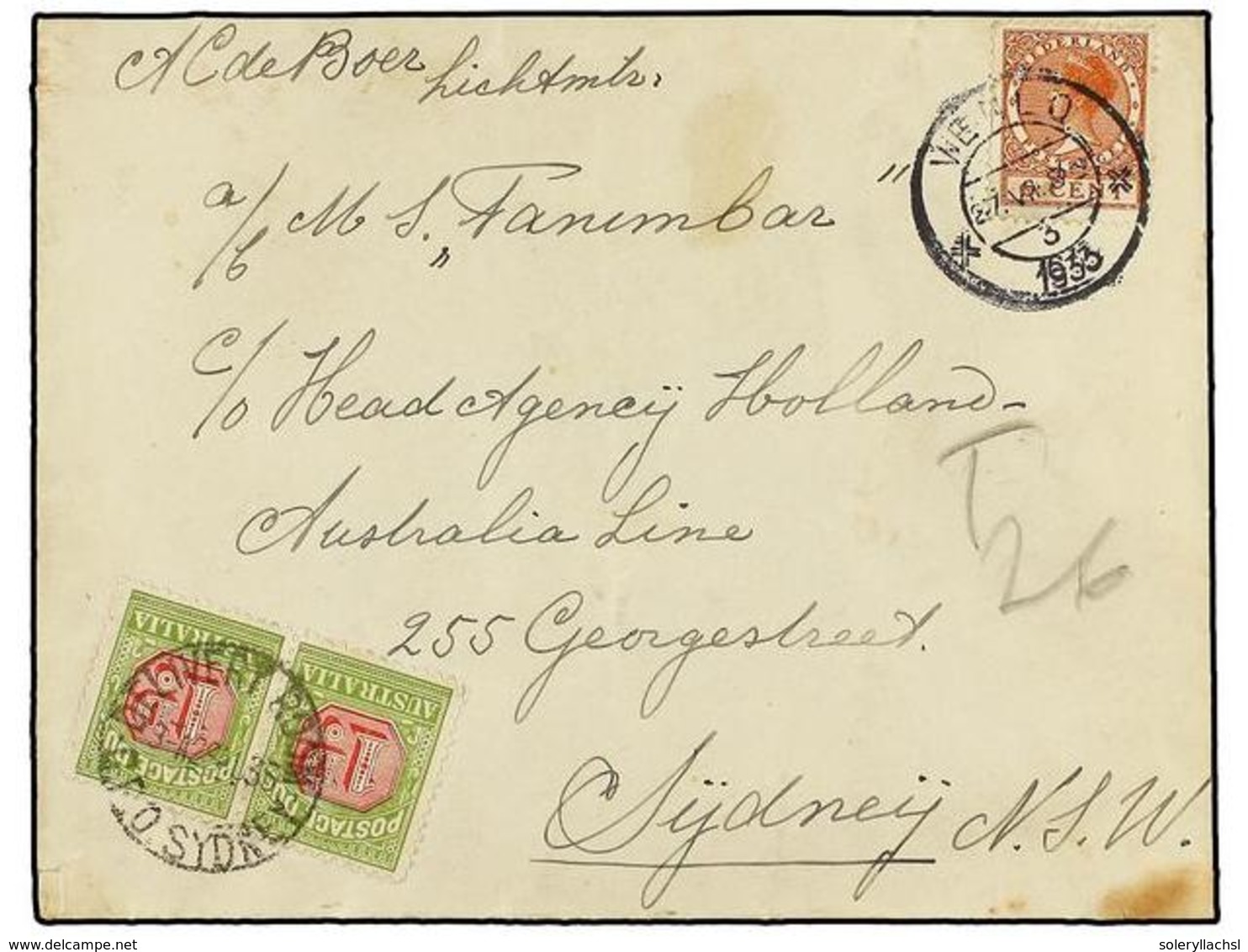 2717 AUSTRALIA. 1933. WENLO (Netherlands) To SYDENEY. <B>6 Cent. </B> Red Brown, Taxed On Arrival With Australian <B>1 D - Other & Unclassified