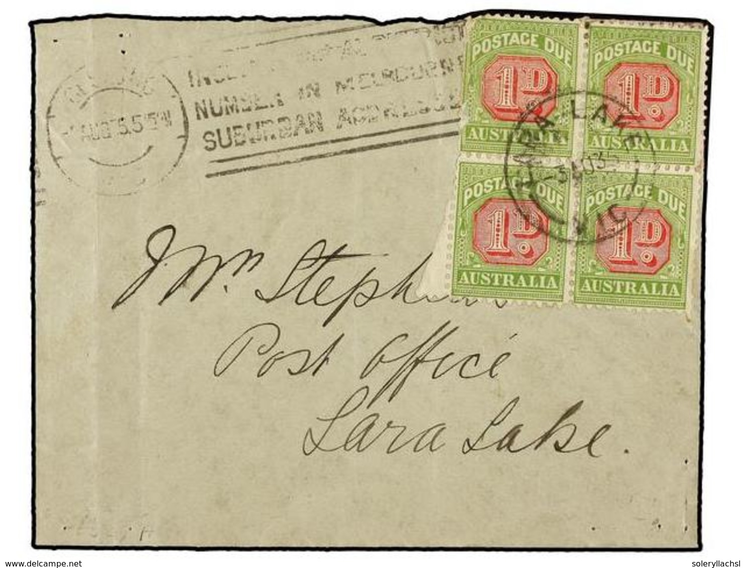 2720 AUSTRALIA. 1935. MELBOURNE To LARA LAKE. Unfranked Cover, Taxed On Arrival With Block Of Four Of <B>1 D. </B>green  - Sonstige & Ohne Zuordnung