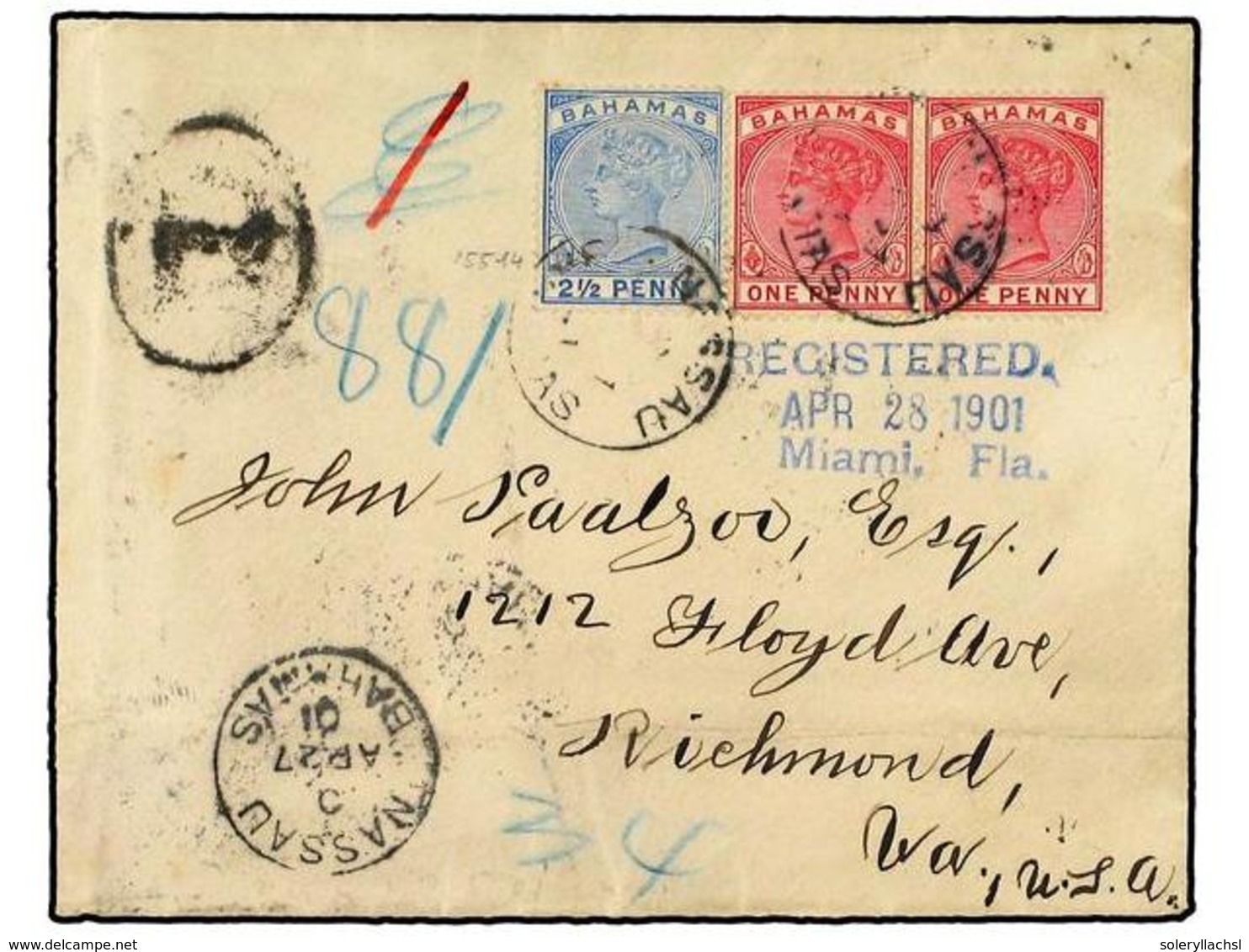 2725 BAHAMAS. 1901. Registered Cover Used To USA Bearing <B>1 D.</B> Pair & <B>2 D.</B> (SG 48, 52) Tied By The <B>NASSA - Sonstige & Ohne Zuordnung