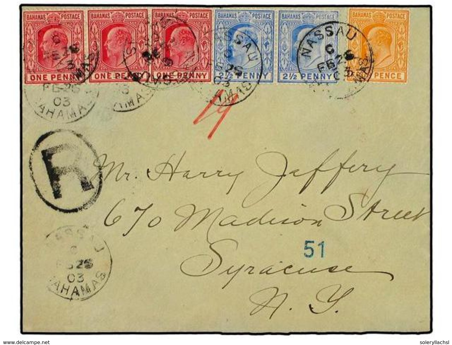 2727 BAHAMAS. 1903. Registered Cover Used To The USA Bearing <B>1 D. X3, 2 1/2 D.</B> Pair & <B>4 D.</B> (SG 62, 63, 64) - Other & Unclassified