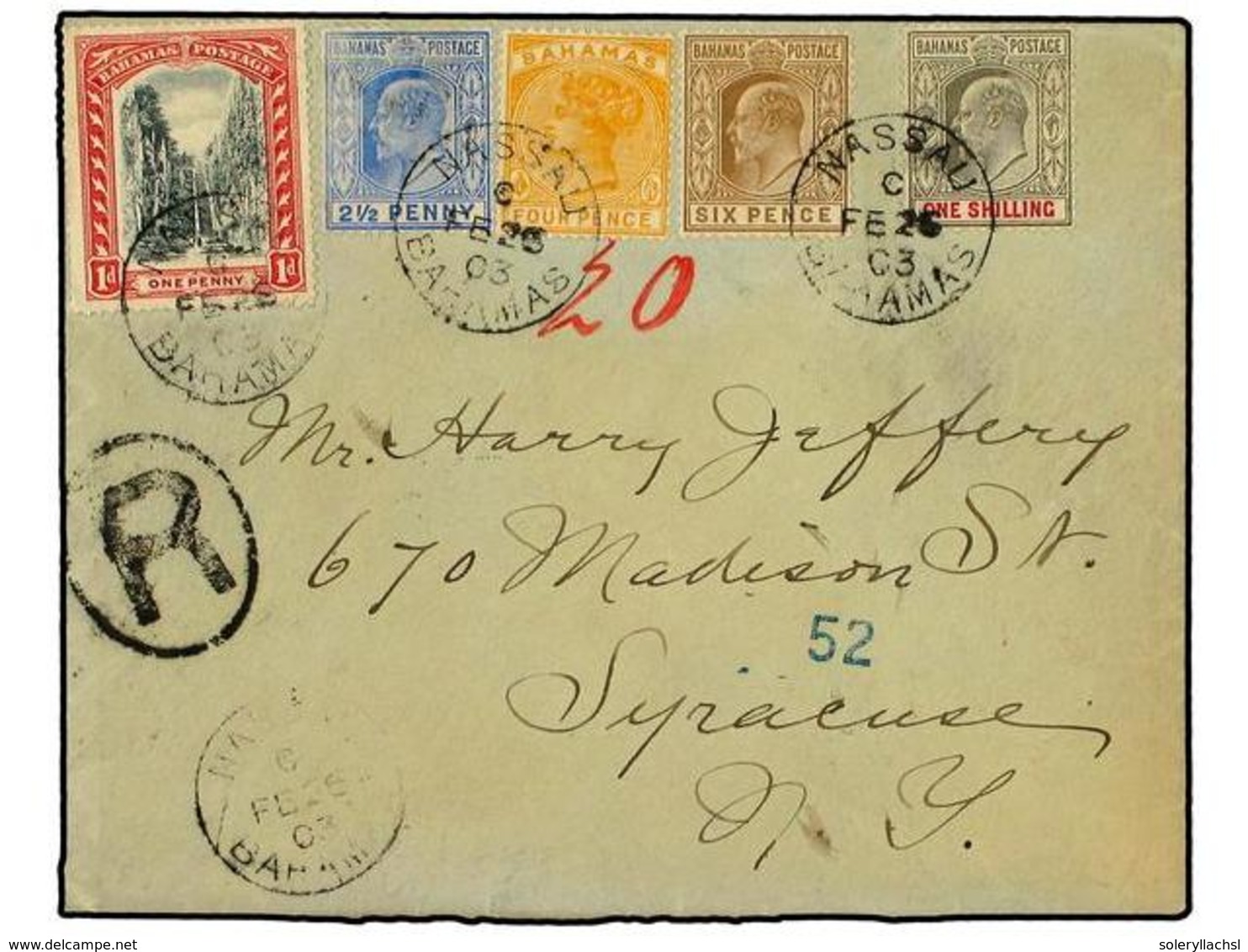 2728 BAHAMAS. 1903. Registered Cover Used To NEW YORK Bearing <B>1 D.</B> Stairs (SG 58) & <B>2 1/2 D., 4 D., 6 D. & 1/- - Sonstige & Ohne Zuordnung