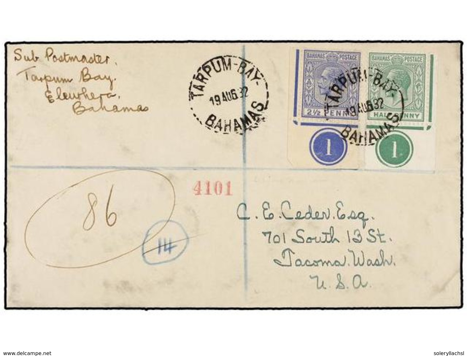 2731 BAHAMAS. 1932. BAHAMAS To USA. <B>1/2 D.</B> Green And <B>2 1/2 D.</B> Blue With Plate Number <B>'1'</B> Arrival Cd - Sonstige & Ohne Zuordnung