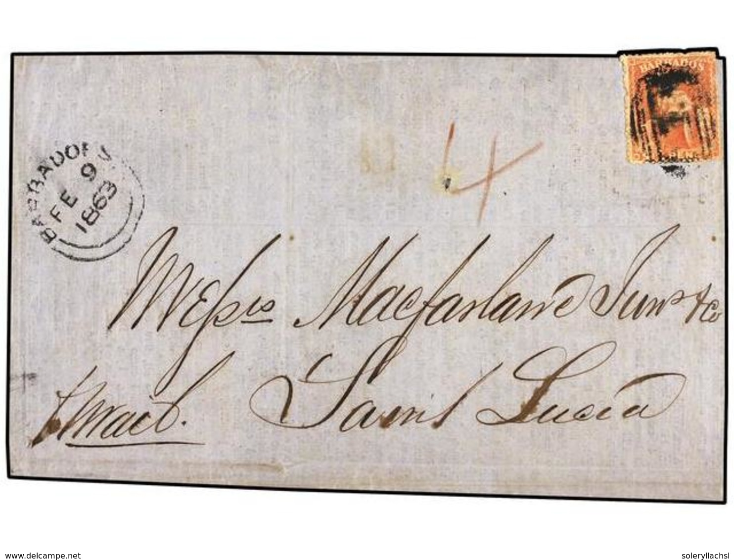 2733 BARBADOS. Sg.29. 1863. <B>6 D.</B> Rose-red, Fresh Colour, Slightly Attached Over Edge On Cover, Oblit. With Oval B - Other & Unclassified