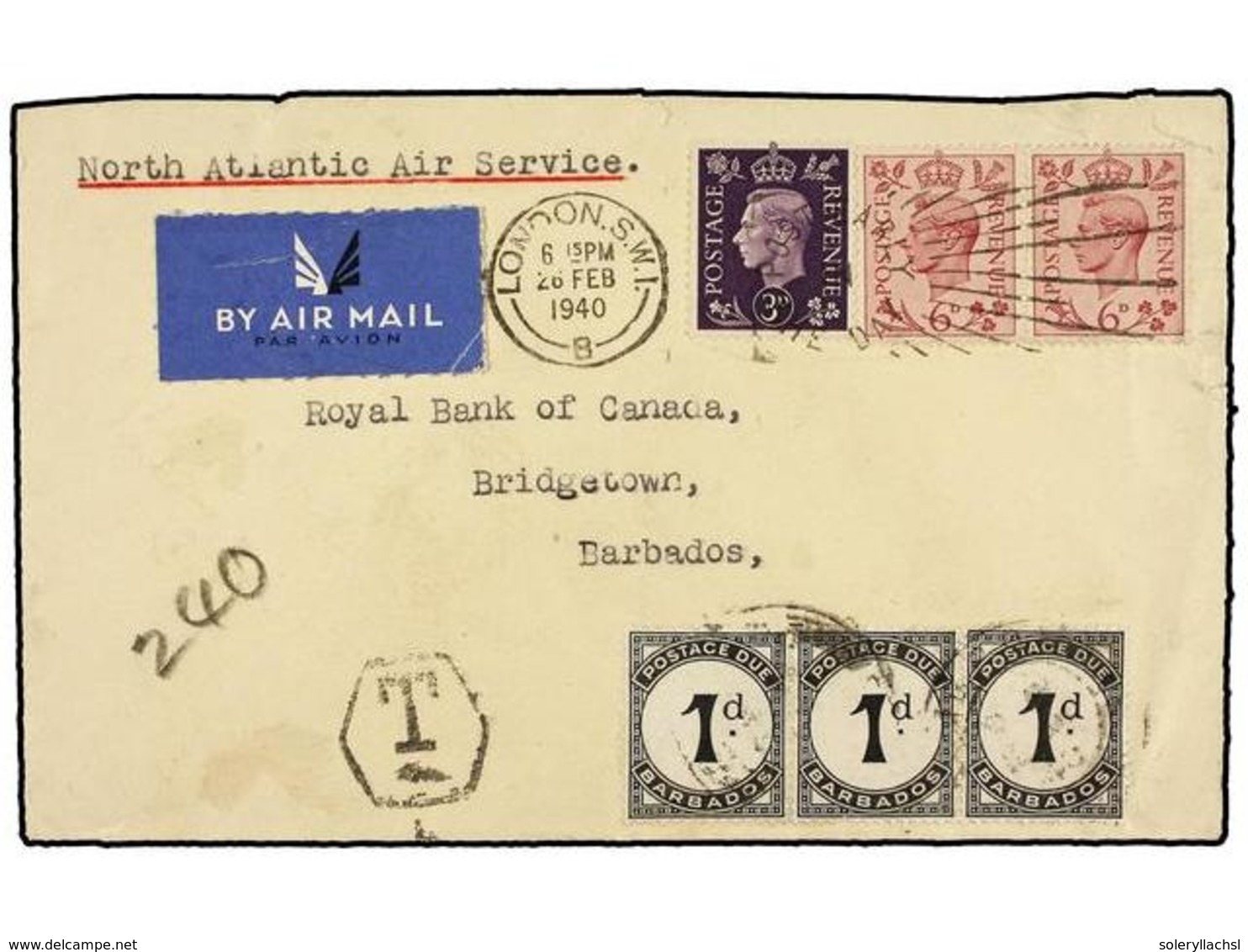 2735 BARBADOS. 1940. LONDON To BRIDGETOWN. <B>3 D. </B>violet And <B>6 D</B>. Lilac (2), Taxed On Arrival With Barbados  - Other & Unclassified