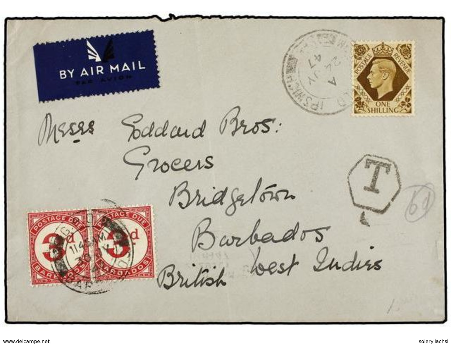 2737 BARBADOS. 1947. GREAT BRITAIN To BARBADOS. <B>1 Sh.</B> Yellow Brown, Taxed With Barbados <B>3 D.</B> Red (2) Posta - Other & Unclassified