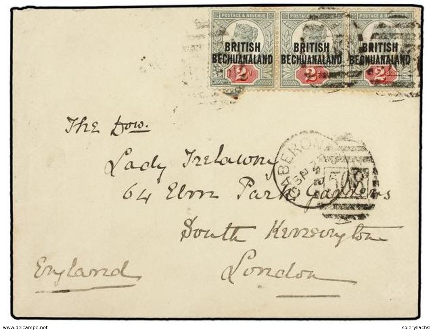 2740 BECHUANALAND. Sg.34 (3). 1894. GABERONES To LONDON. Strip Of Three Of <B>2 D.</B> Green And Red With <B>'568'</B> C - Sonstige & Ohne Zuordnung