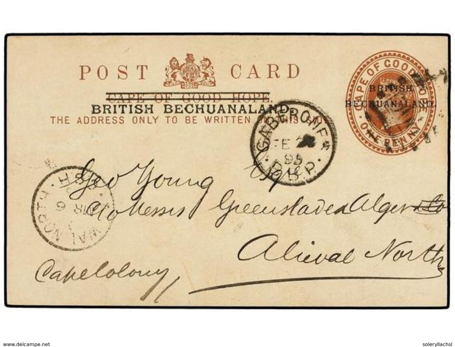 2741 BECHUANALAND. 1895. GABERONES To ALIEVAL.<B>1 P.</B> Postal Stationary Card With <B>'568'</B> Numeral Postmark. - Other & Unclassified