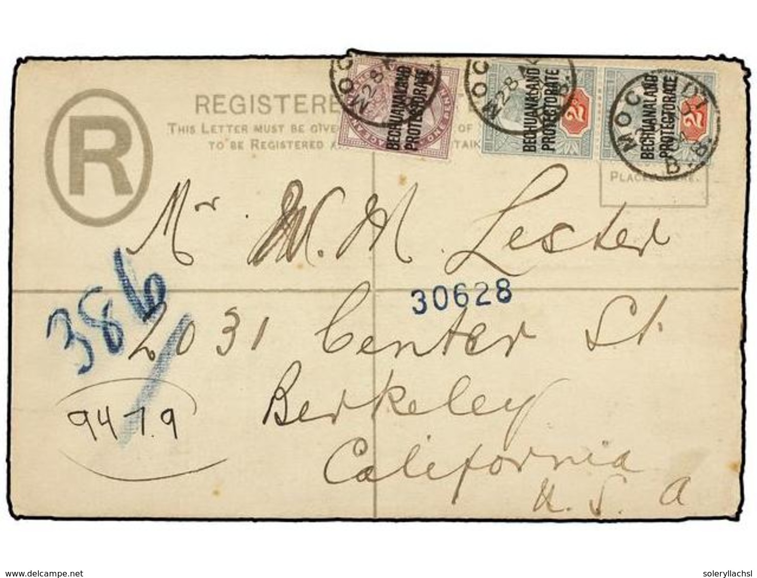 2742 BECHUANALAND. Sg.33, 34 (2). 1904. MOCHUDI To USA. <B>4 P.</B> Blue Registered Envelope Uprated <B>1 P.</B> Lilac A - Other & Unclassified