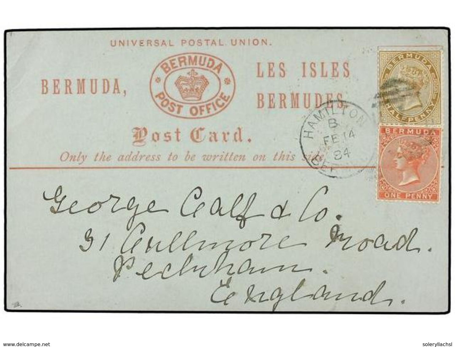 2744 BERMUDAS. 1884 (Feb. 14). U.P.U. <B>1/2 D.</B> Stone On Blue Formula Card, Setting C, Used To ENGLAND With 1883 <B> - Other & Unclassified