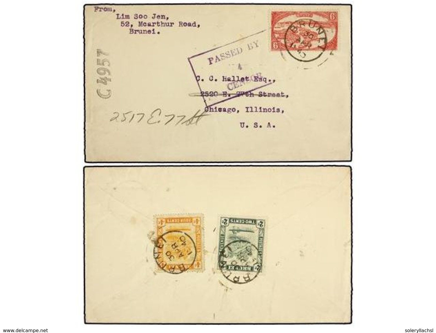 2746 BRUNEI. 1940. Cover Bearing 1924-37 <B>6 C.& 2 C.& 4 C.</B> (see Reverse) Cancelled By The <B>'BRUNEI/30/APR/1940'< - Sonstige & Ohne Zuordnung