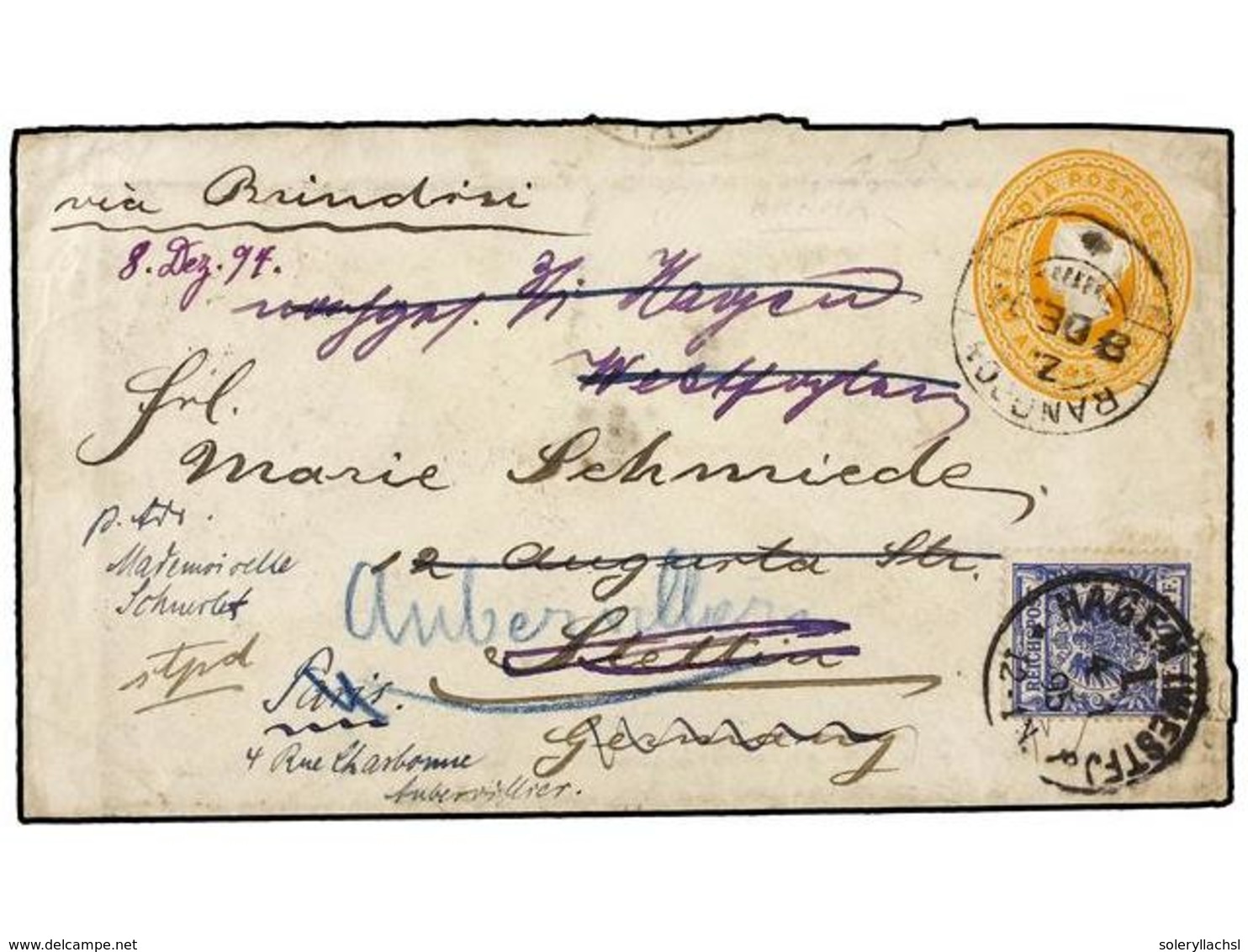 2749 BIRMANIA. 1895. RANGOON To STETTIN (Germany). <B>2 Anna</B> Orange Envelope Redirected To PARIS With German<B> 10 P - Sonstige & Ohne Zuordnung